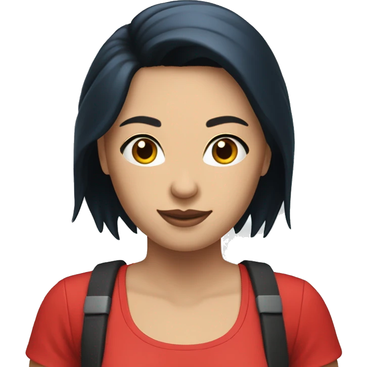 Create an emoji of a woman with black hair, white skin wearing blue shorts and a red top and posing. emoji