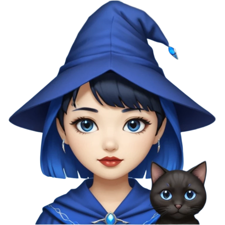 an asian short haired girl with electric blue highlighted short raven hair with bangs, with her silver left eye and dark brown right eye, with black cat eyed style eyeliner, and smirk of natural toned lipstick, with wizard hat with moon emblem on his hat. emoji