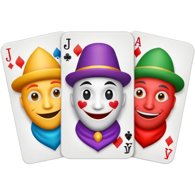3 poker cards, with crazy colorful human jolly jokers inside, inversed face emoji