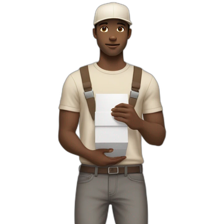 Pale skinned fit Man with dark brown hair in a beige cap, gray jeans, brown polo and white T-shirt keeping a pasted with tape white box into his hands emoji