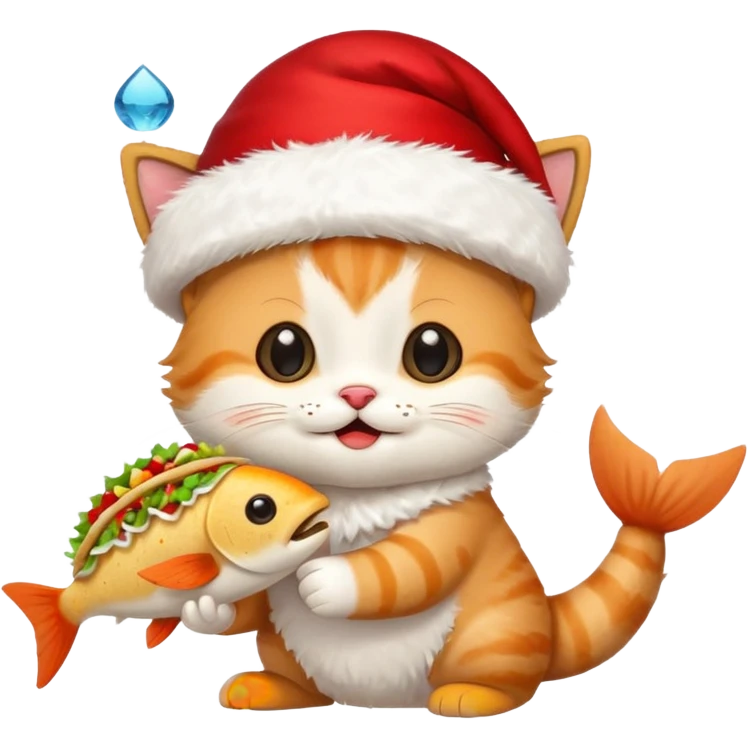 Cute Happy Kitten wearing a Santa hat and holding a Fish taco  emoji