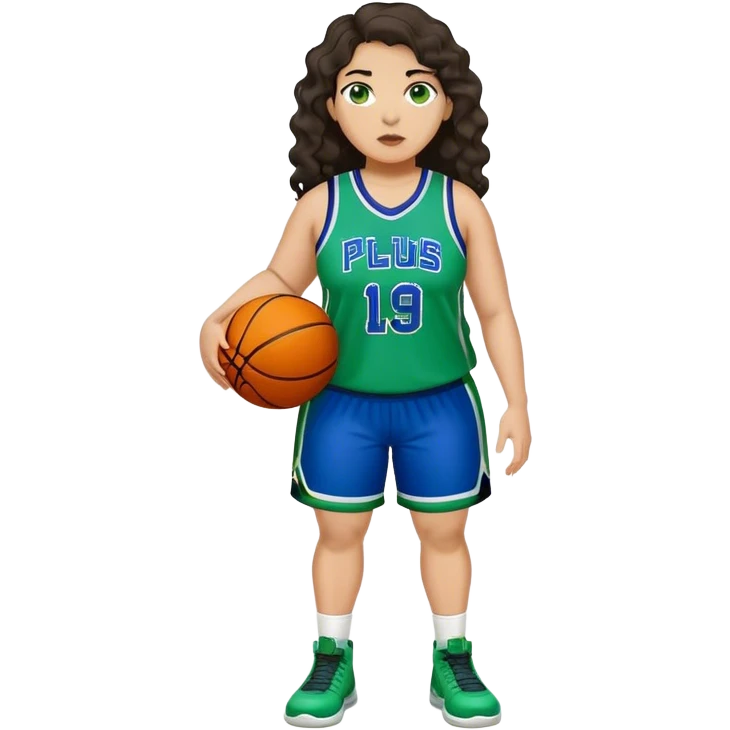 full body plus size light skin latino women basketball player with wavy dark hair large wide nose wearing blue with green uniform emoji