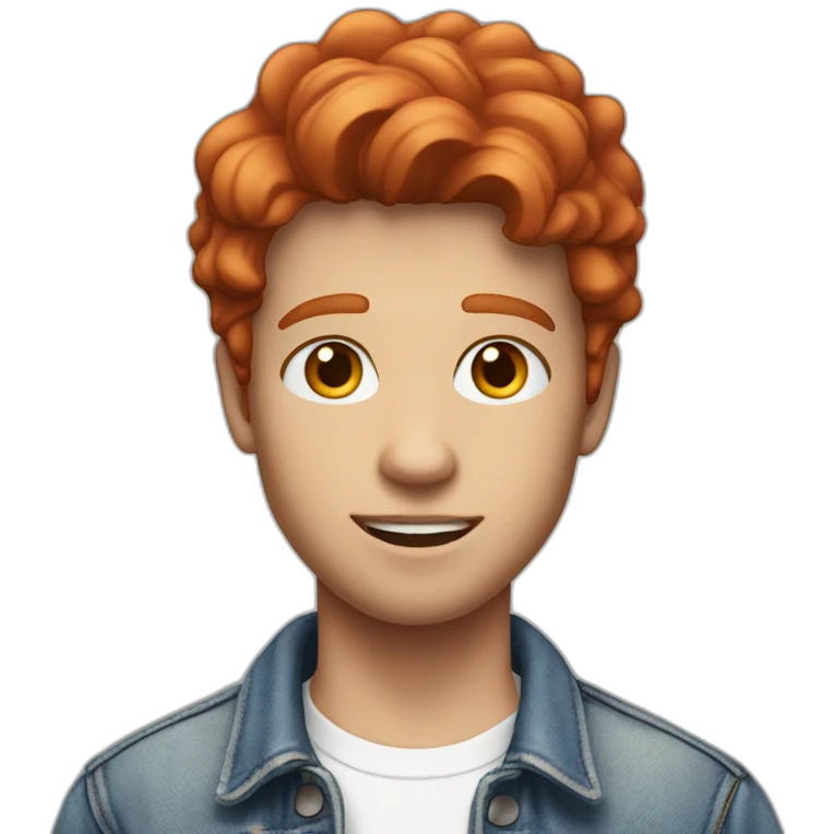 white young man in jean jacket and white t-shirt with short wavy red hair emoji