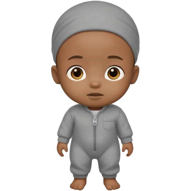 Black baby with straight face in a grey jumpsuit emoji