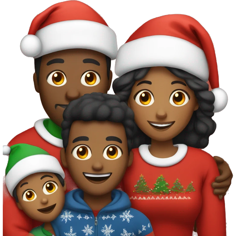A Black family of four members with Dad, Mom, Son, and daughter. All wearing Christmas sweaters and Santa hats.  emoji