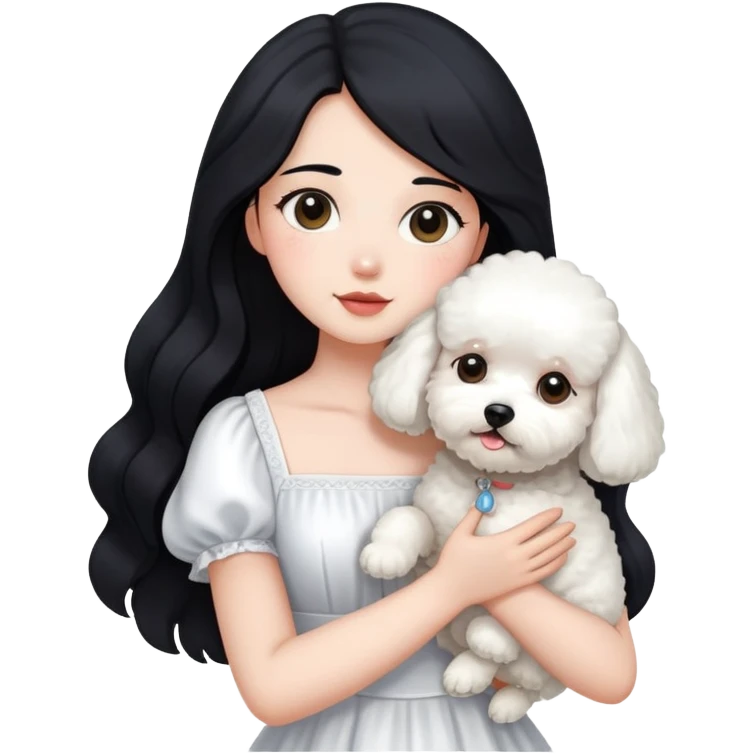 A beautiful girl with long black hair wearing a white dress holds a small white Bichon Frise in her arms emoji