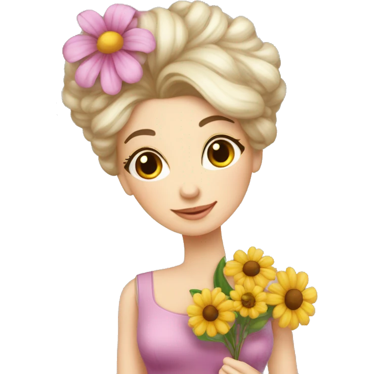 Donna molto bella vestita da strega con un mazzo di fiori in mano emoji