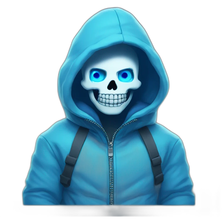 Sans the skeleton with blue glowing left eye wearing a blue winter jacket emoji