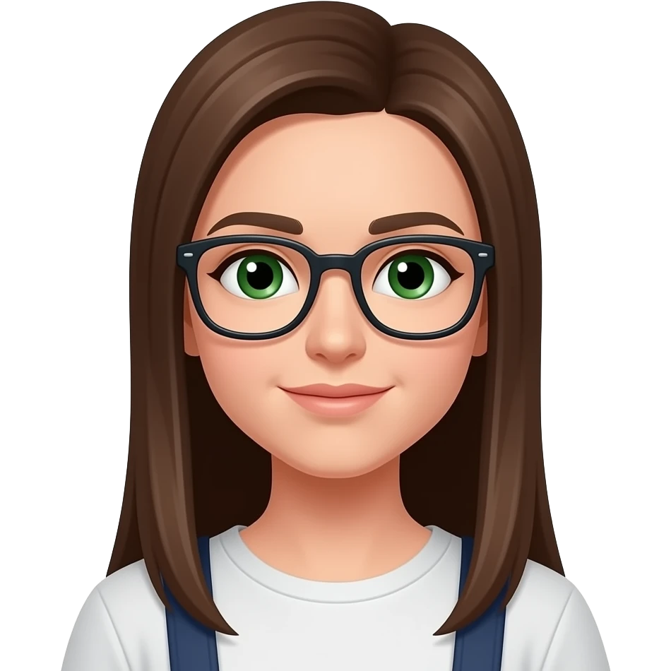 brown straight hair, long length, glasses, green eyes emoji