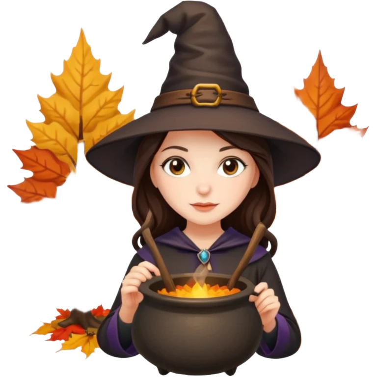 Pretty Brunette Witch outside with a cauldron with autumn leaves on trees  emoji