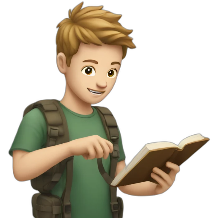 Young white man taking a photo of a book emoji