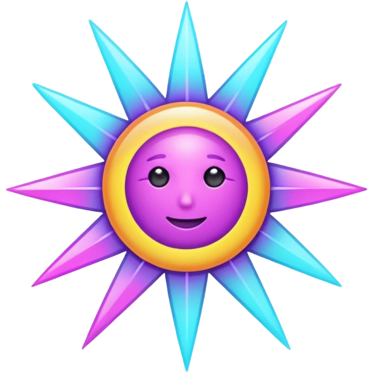 sun, neon rays, bright holographic purple and cyan collor emoji