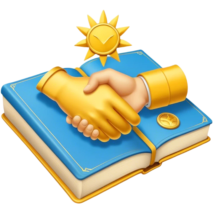 A golden yellow book with sky blue details, smooth texture, and an emblem of a handshake, sunburst, or speech bubble, radiating warmth, charisma, and the power of influence through connection. emoji