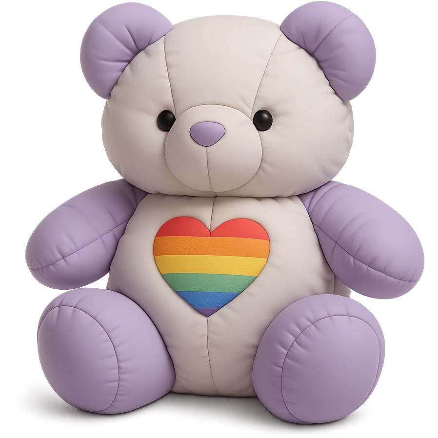 Change the rainbow patch to a heart-shaped rainbow patch on the purple and white teddy bear, keep it soft and plush, no shadows, flat lighting, no background. emoji