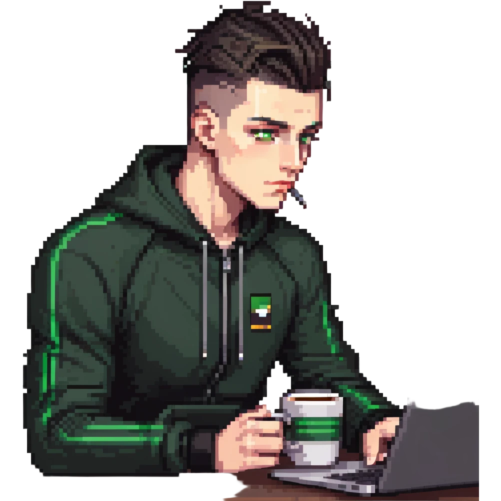 male with dark hair, high fade haircut, high slick back hairstyle, green eyes, wearing a black tracksuit, coding on black laptop, drinking coffee emoji