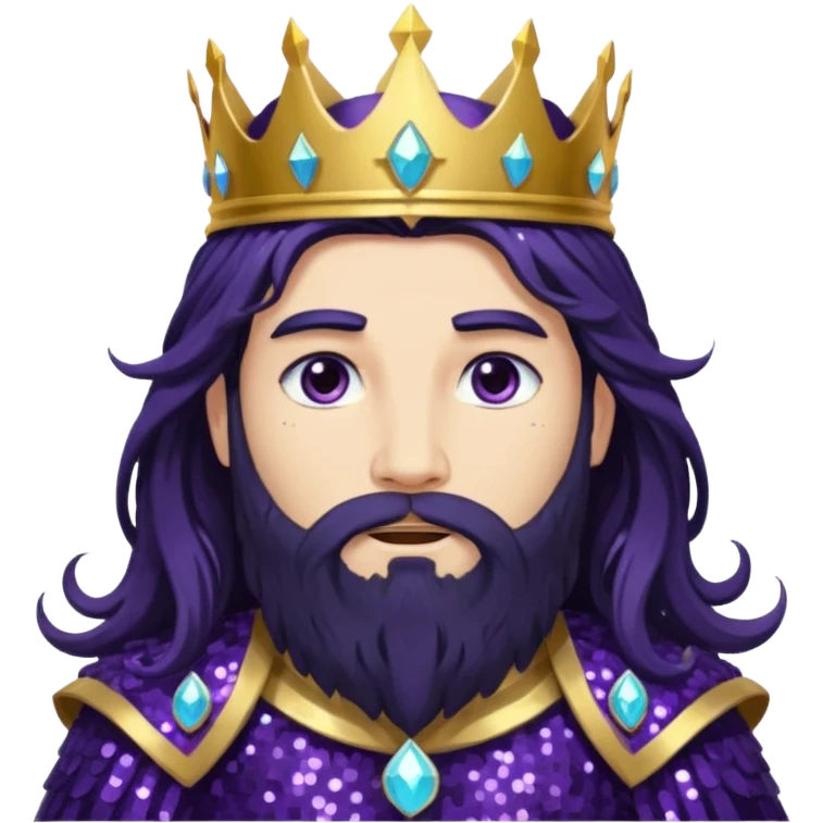 Boreas, God of North Wind from Gods and Goddesses with long black shaggy hair and beard, dark purple sequin outfit emoji