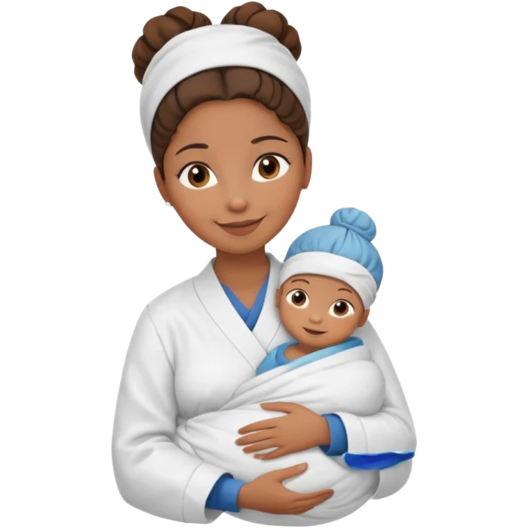 Female nurse smiling with a hair bun on top of head with medium brown skin and brown eyes holding one new born  emoji