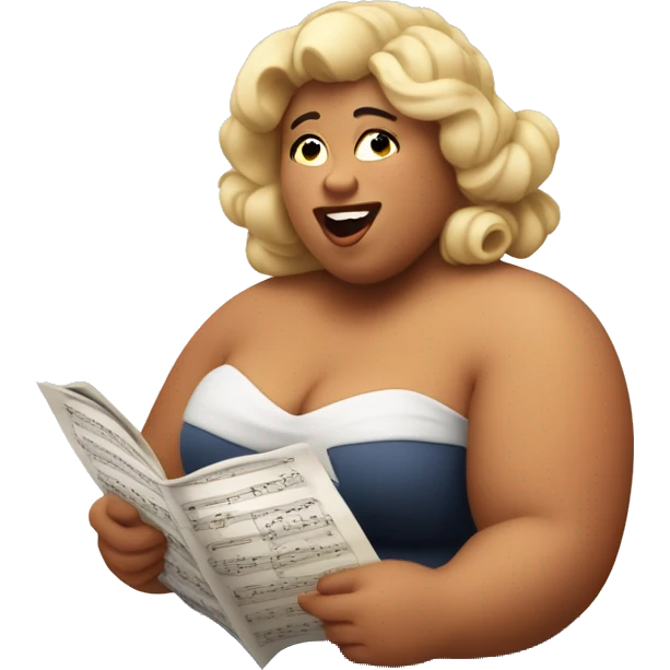 beautiful fat soprano in a simple strapless dress reading a music sheet and singing opera emoji