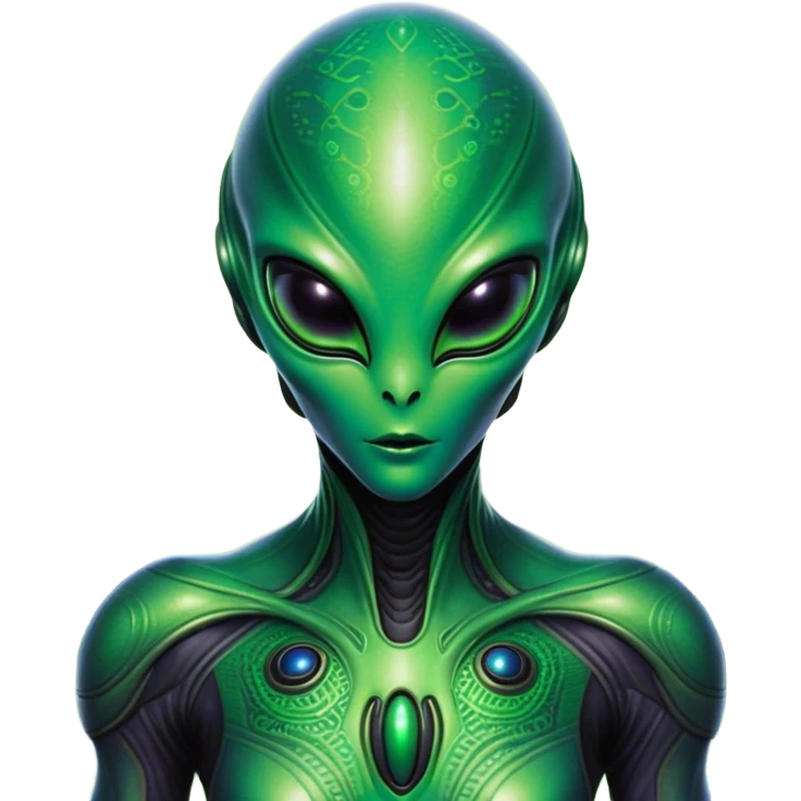 a portrait of an alien wearing a sleek alien suit, focusing on its upper half. it has a bright green head with large, black oval eyes and smooth skin, exuding a futuristic and otherworldly vibe. the suit is metallic and form-fitting, featuring intricate patterns and glowing accents, set against a cosmic background with soft, ethereal lighting emoji