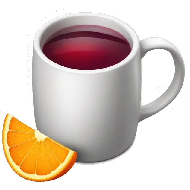 A Christmas mug of hot mulled wine, steaming with a cinnamon outside and an orange slice next to it emoji