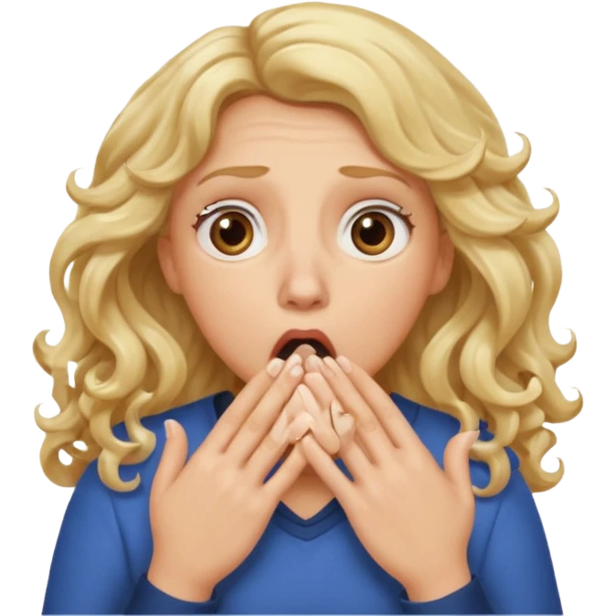 mother with blond long curly hair shocked with hands on her mouth emoji