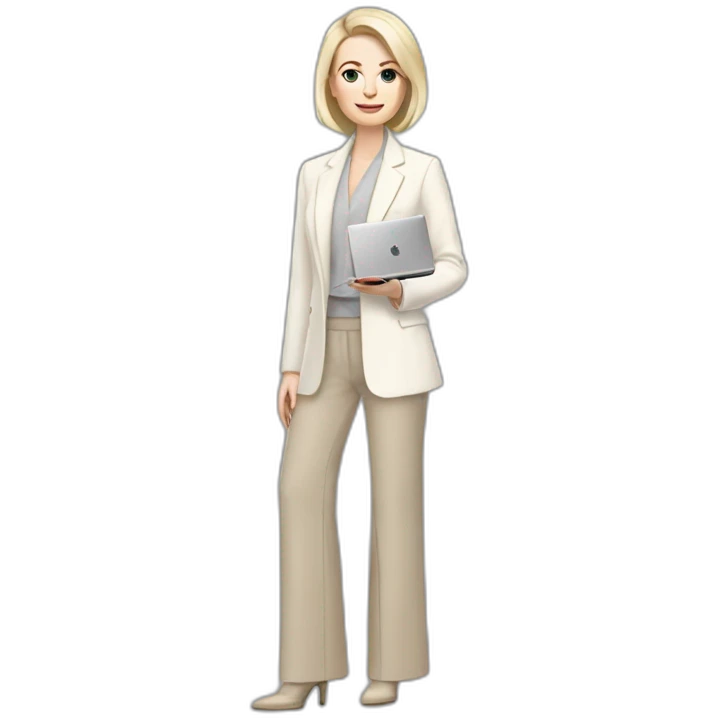 pale skin woman with ash blonde Straightened bob Hair, White Spacious classical jacket, beige palazzo Arrow pants and gray blouse holding a MacBook in the hands emoji