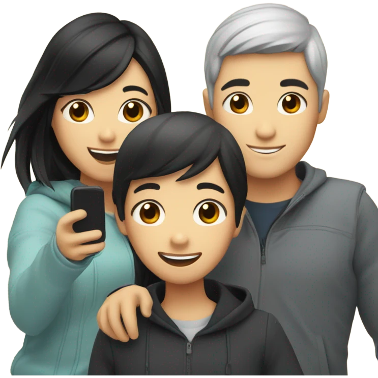 Three best friends: one Asian guy, one girl with straight black hair, and one girl with light hair. Making selfie  emoji