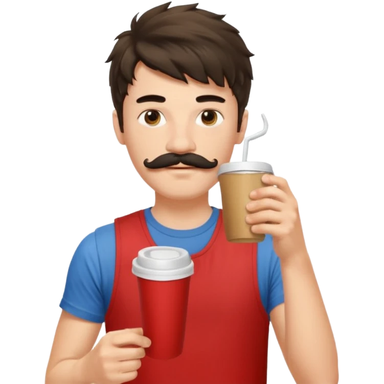 generate an ios genmoji of a fair 20 year guy with black mustache, messy mullet hairstyle, drinking takeaway coffee. wearing a sleeveless red tshirt emoji