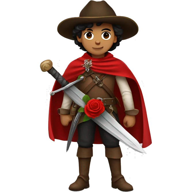canela skin boy dark hair musketeer with hat and red rose shoulder medieval cape and sword emoji