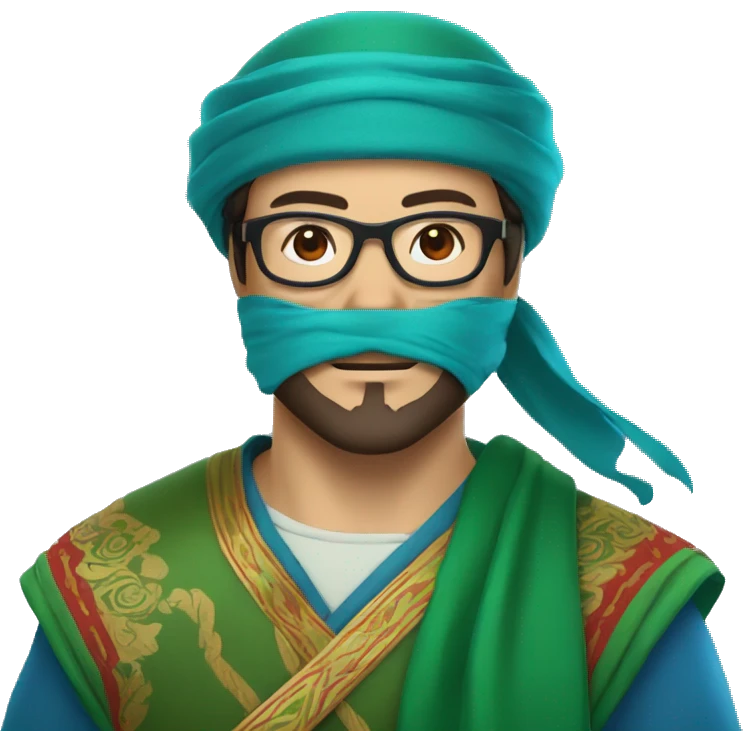 a kazakh man in a green bandana, red blue light blocking glasses, a minor beard and a visible sword carried on his back emoji