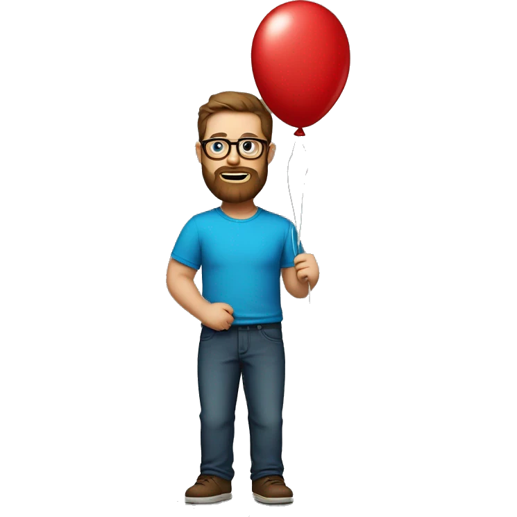 Heavy caucasian young dad, with a blue shirt, with a big brown beard and black rectangle glasses and brown hair he’s holding a red balloon animal  emoji