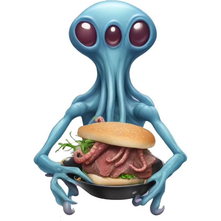 A alien who has octopus's legs is eating steak emoji