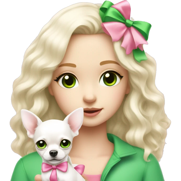 pale blond yt girl with wavy long platinum white hair with bright green eyes holding a white chihuahua puppy that wearing a pink bow emoji