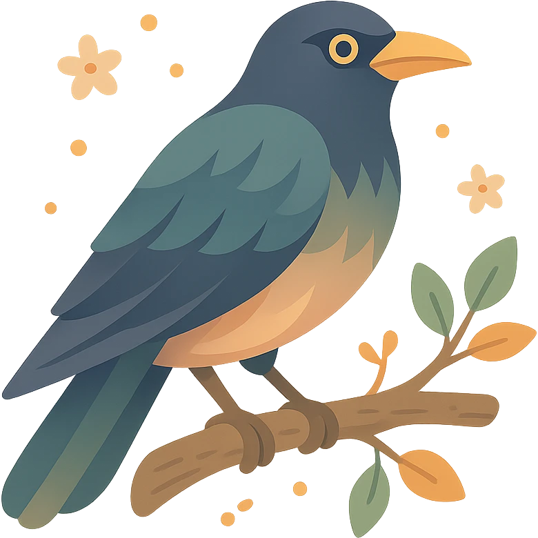 A mysterious crow perched on a branch, surrounded by a soft, magical atmosphere. The crow’s feathers are deep, dark hues with hints of golden orange (FA9B41), forest green (4A7C5C), muted taupe brown (96775A), and pastel peach (FFCC9A) subtly blending into its plumage. The branch is weathered and textured, with small leaves in green and peach tones, and delicate flowers or tiny sparks floating around. The lighting is soft and ambient, casting a warm, mystical glow over the scene, creating a quiet yet enchanting atmosphere. The crow’s sharp eyes and poised posture add to the mysterious, slightly gothic vibe of the moment emoji
