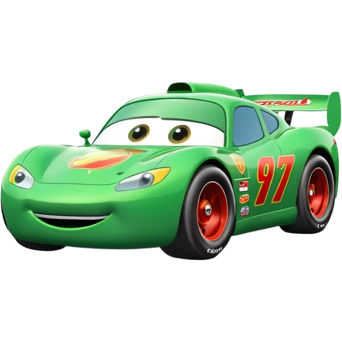 green cartoon race car with big eyes, inspired by Lightning McQueen emoji