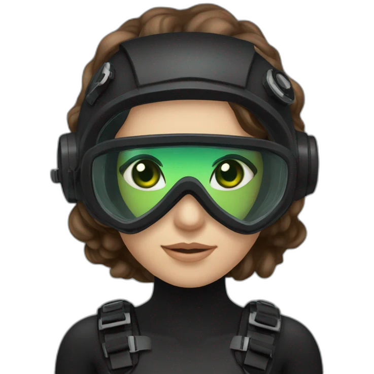 woman large brown hair, black diving mask with a single crystal, green eyes, scubadiving gear emoji