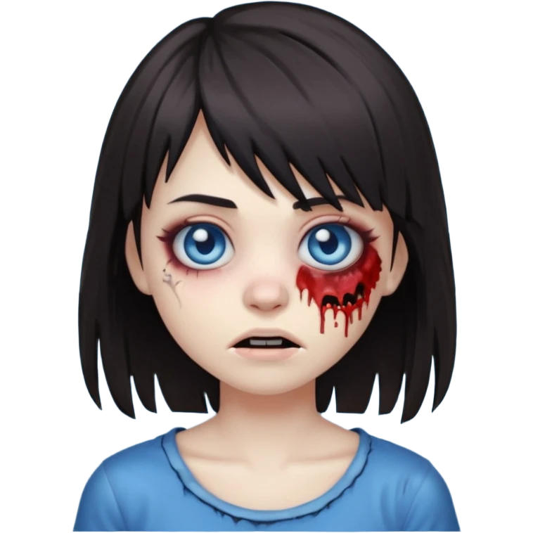 zombie emoji 🧟‍♀️ dark hair long her shoulders bangs emo and ragged haircut blue eyes emoji