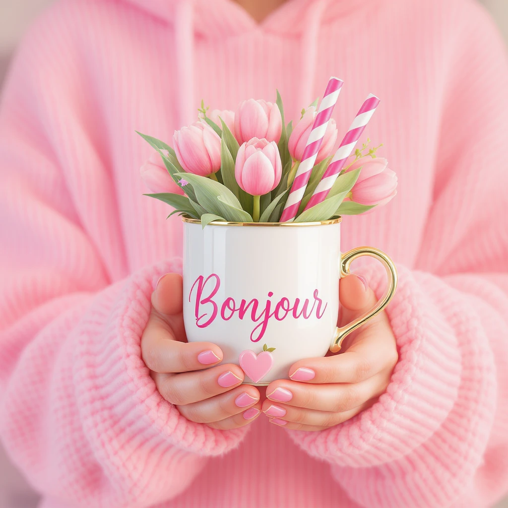 3D iOS 18 style illustration of two hands in pink cozy sleeves holding a white cup filled with pink tulips, green leaves, and two pink striped straws. The cup says 'Bonjour' in pink script and has a gold handle with a pink heart charm. Soft, cute, and elegant. emoji