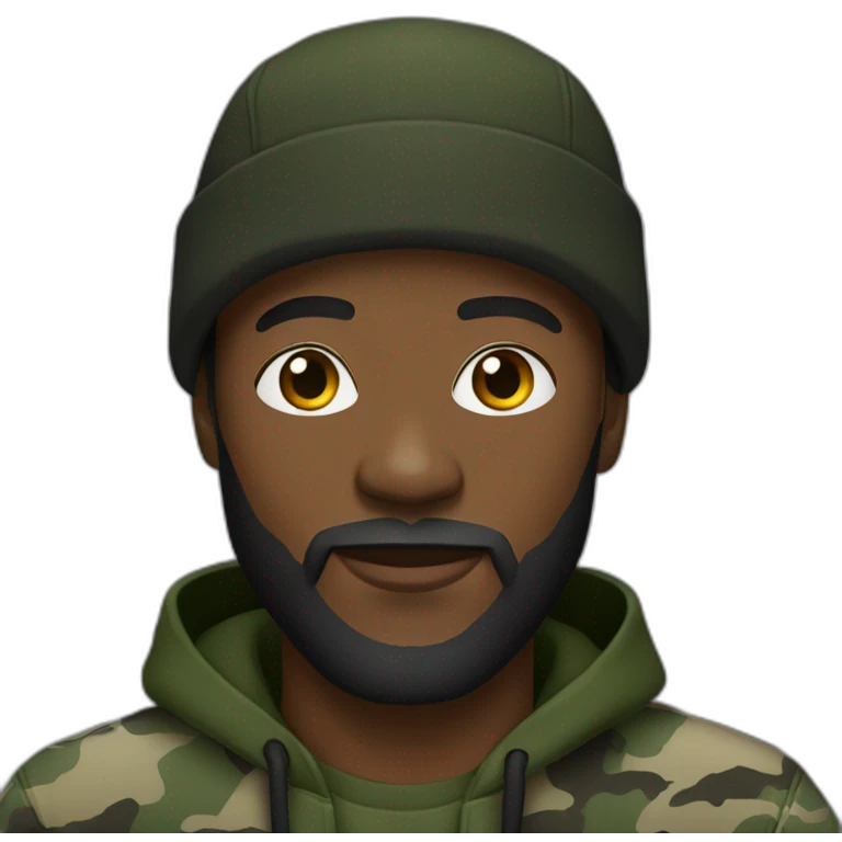black man with a beard,camo hat, black hoodie emoji