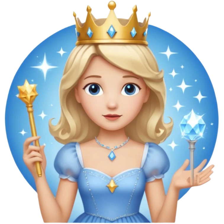 dorothy queen blonde hair, white dress with magic wand, rounded sparcle, and crown on head.Decolded blue dress emoji