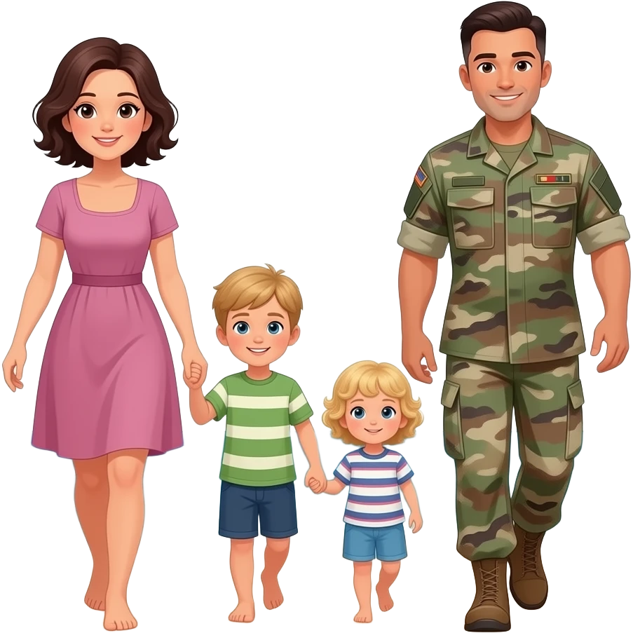 Family of 4 dark haired mom with short wavy hair, Dark haired dad military cut, blond haired 5 year old boy and blond and curly hair 3 year old walking on the beach emoji