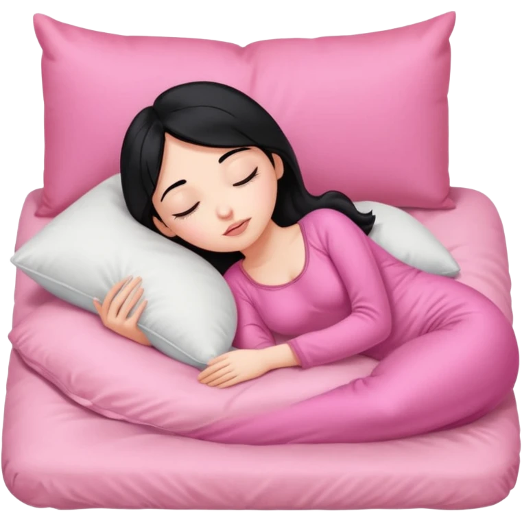 Sleeping on the pillow in bed, beauty hot and pretty Pale girl with medium high black hair wearing sexy pink sleepwears emoji