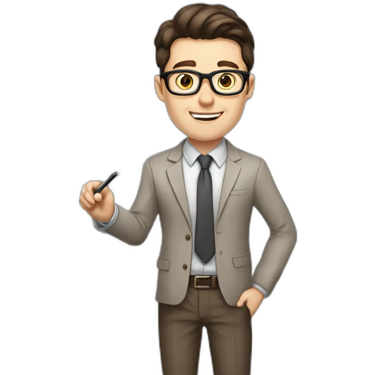Pale skinned fit man with dark brown hair in gray jacket, beige office shirt, brown tie, brown pants and vintage glasses Writing text on the flipchart emoji