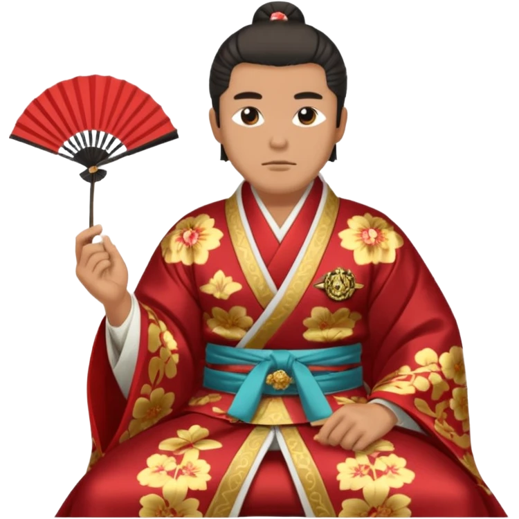 Wealthy warlord in ornate kimono, crest on chest, seated with fan in hand. emoji