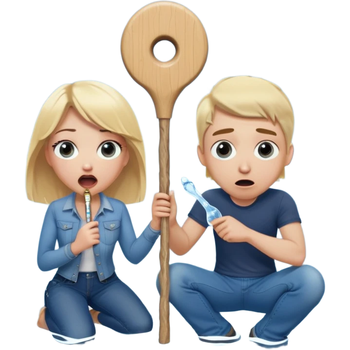 blond woman sitting on her knees with wide eyes, another man in jeans is staying (not sitting) on her left, she's holding a wide skin-colored stick with a D-shaped knob, the stick and the nob have skin texture, water squirting from the knob into her mouth, shocked face emoji