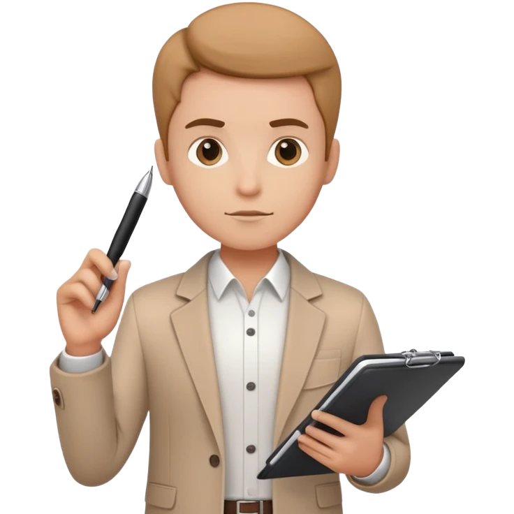 a person holding a checklist and pen, wearing smart casual clothing. The character is in a focused pose emoji