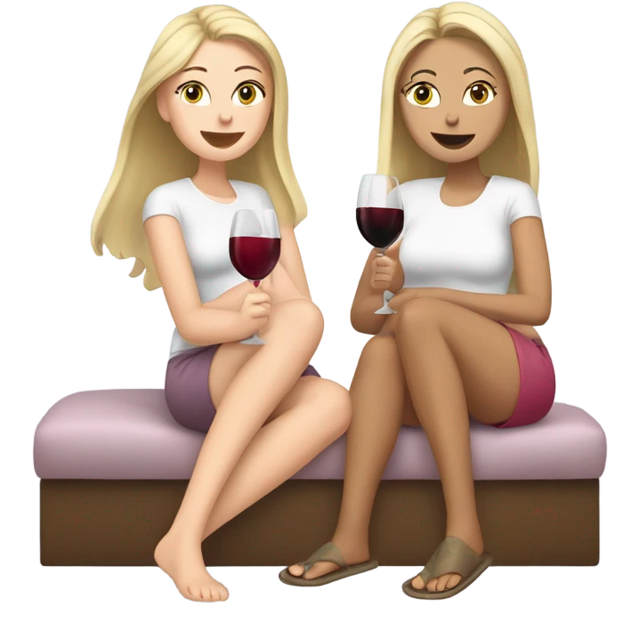 Two white girls wearing silly slippers, drinking wine ￼ emoji