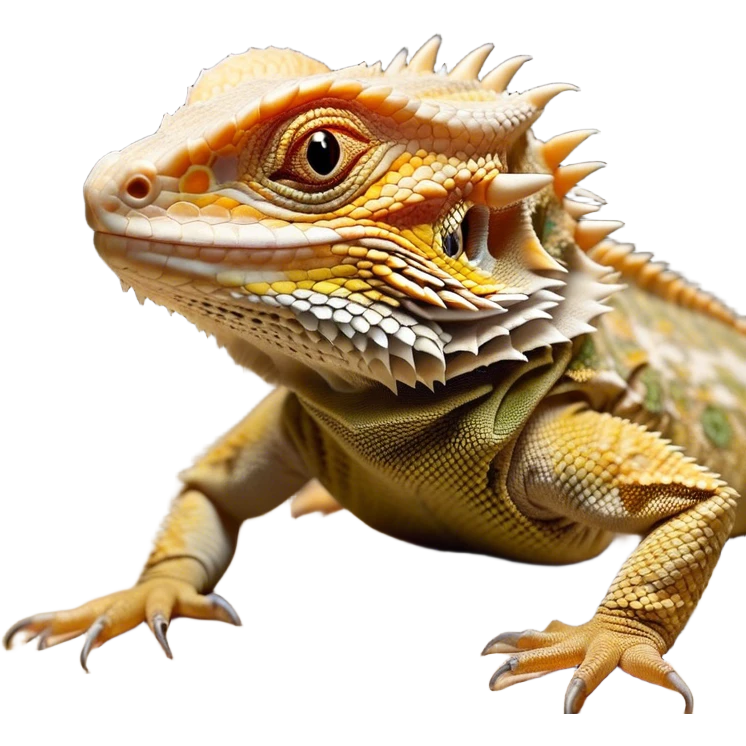 Cinematic Noble Bearded Dragon Portrait Emoji, Poised and regal, with a robust, angular build and a textured, scaled hide in earthy olive and sandy tones, a prominent spiky 'beard' beneath its chin and a keen, alert gaze, Simplified yet sharp and sophisticated features, highly detailed, glowing with a soft, dignified glow, high shine, intelligent and fierce, stylized with an air of desert majesty, focused and attentive, soft glowing outline, capturing the essence of a watchful and commanding reptile, so majestic it feels as though it could scuttle out of the screen with effortless authority! emoji