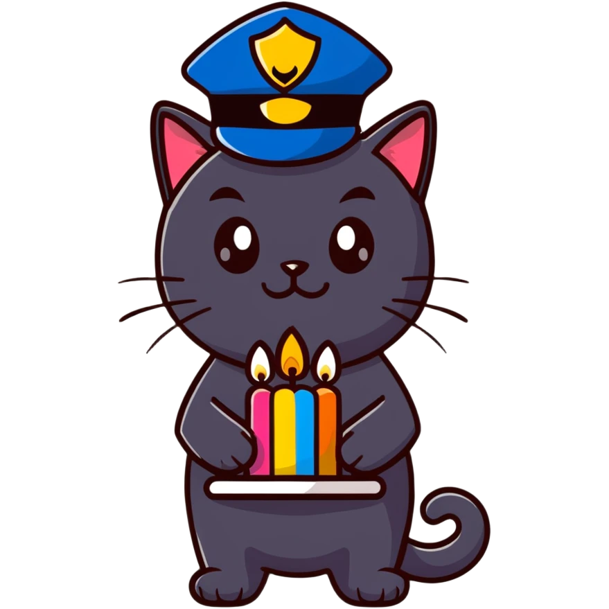 black cat police chief blowing out birthday candles, wearing birthday hat, happy expression, cartoon style, suitable for emoji sticker emoji