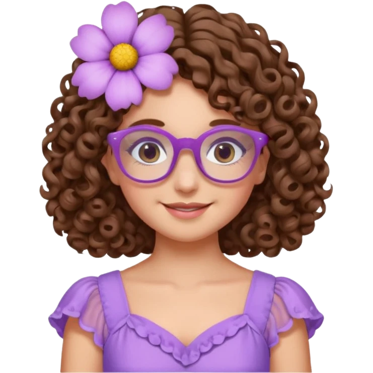 Menina branca de cabelo cachado castanho partido de lado com uma flor no cabelo  e vestido lilás com um óculos rosa claro emoji